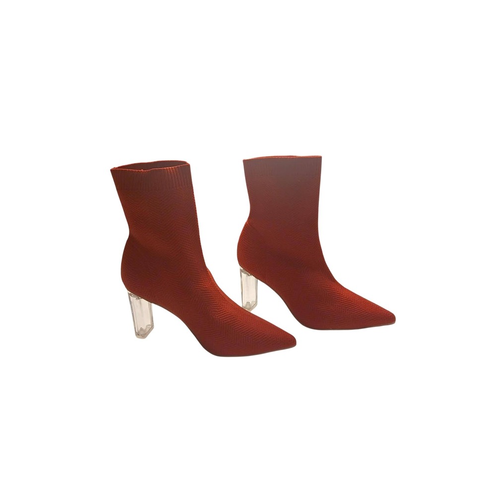 Bright Red Knit Sock Boots Clear Lucite Block Heel Pointed Toe Booties Size 41